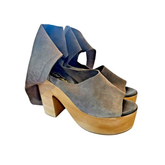 Free People Platform Heels Wood Open Toe Ankle Wrap Gray Suede Size? - Picture 1 of 6